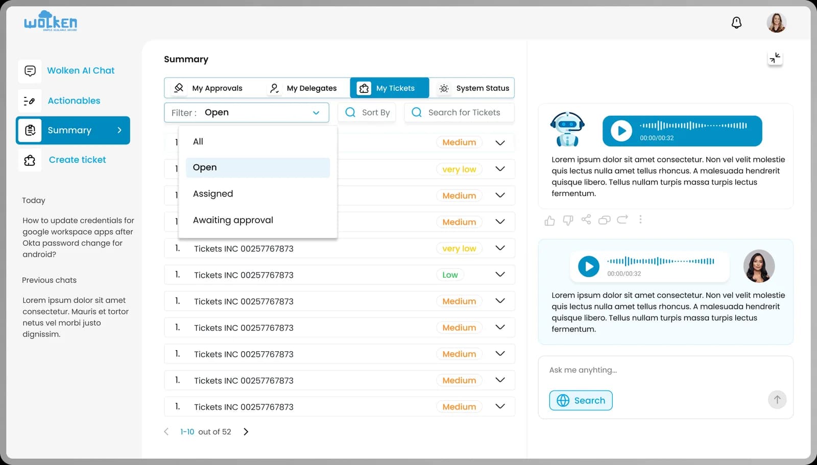 The summary view: approvals, delegates, tickets and system status