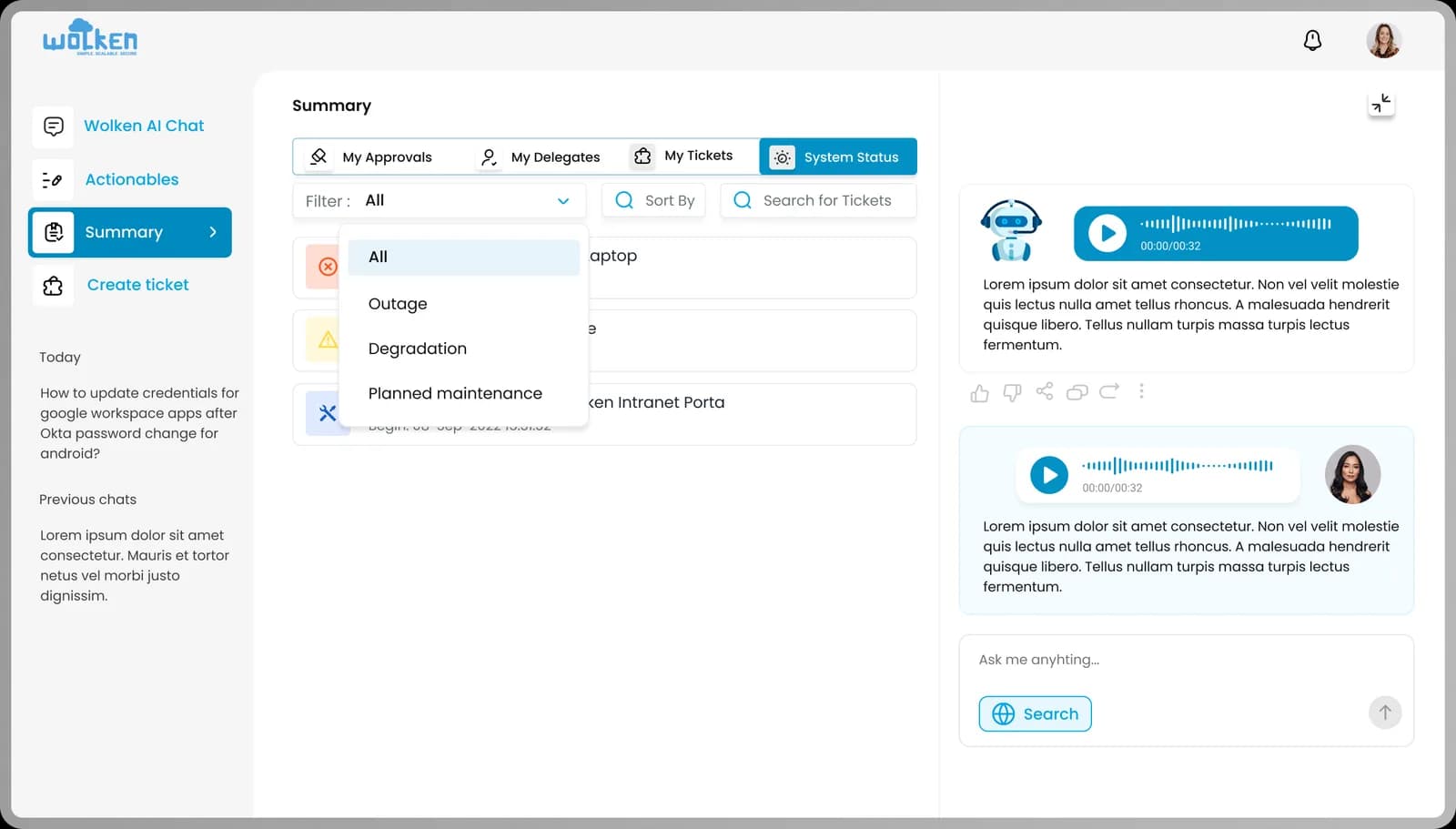 The summary view: approvals, delegates, tickets and system status