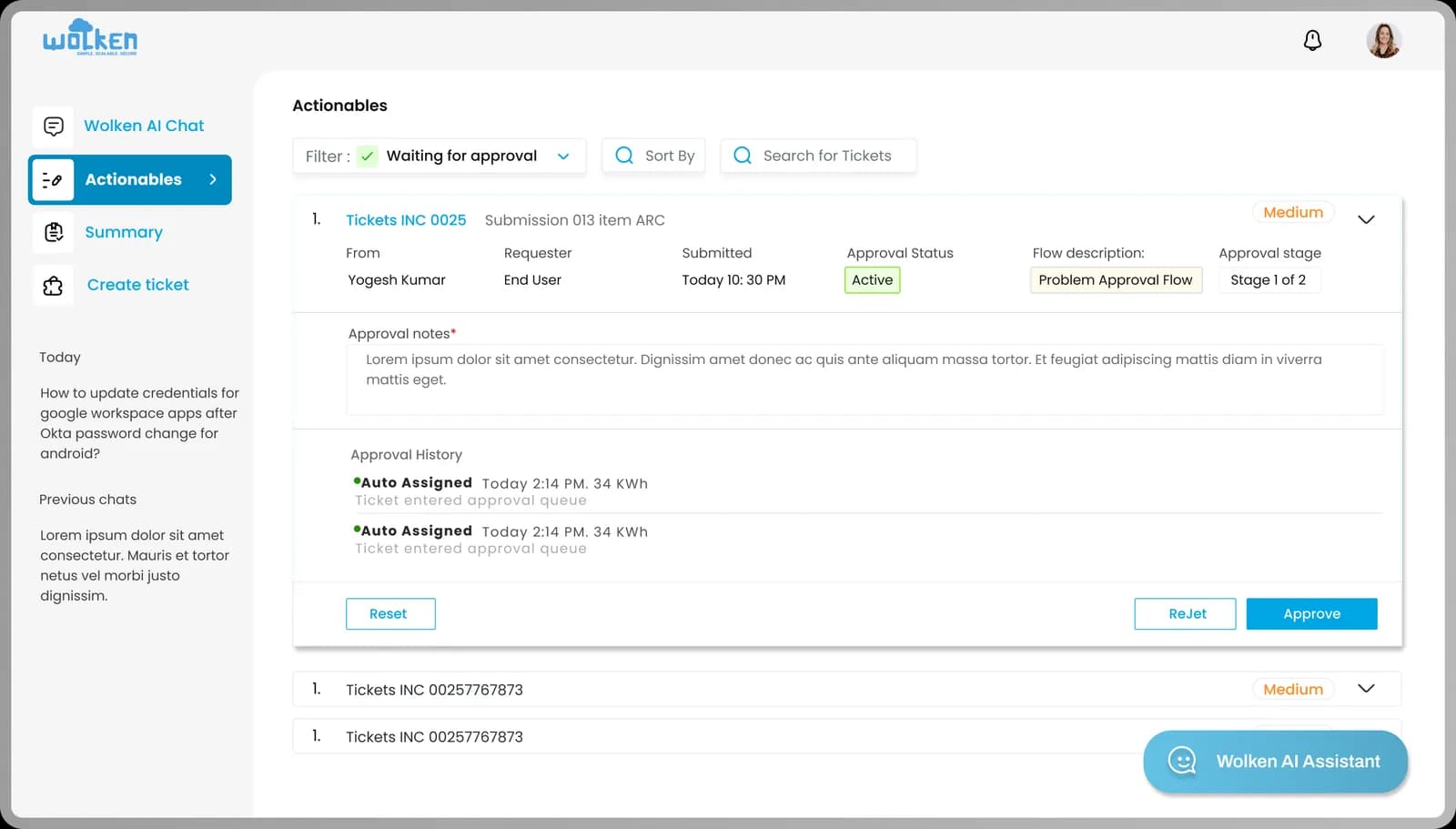 The actionables dashboard, with filter, sort and search